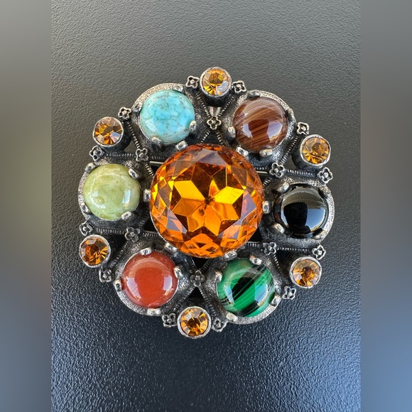 Vintage 1960s Scottish Celtic Knot Silver Agate Glass Art Brooch - Picture 2 of 3